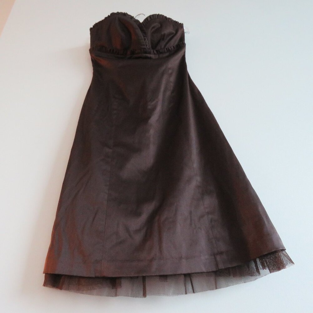 VINTAGE Y2K RW & CO Espresso Brown Satin Sweetheart Tulle Dress Goth - Size US 0 - Picture 9 of 15